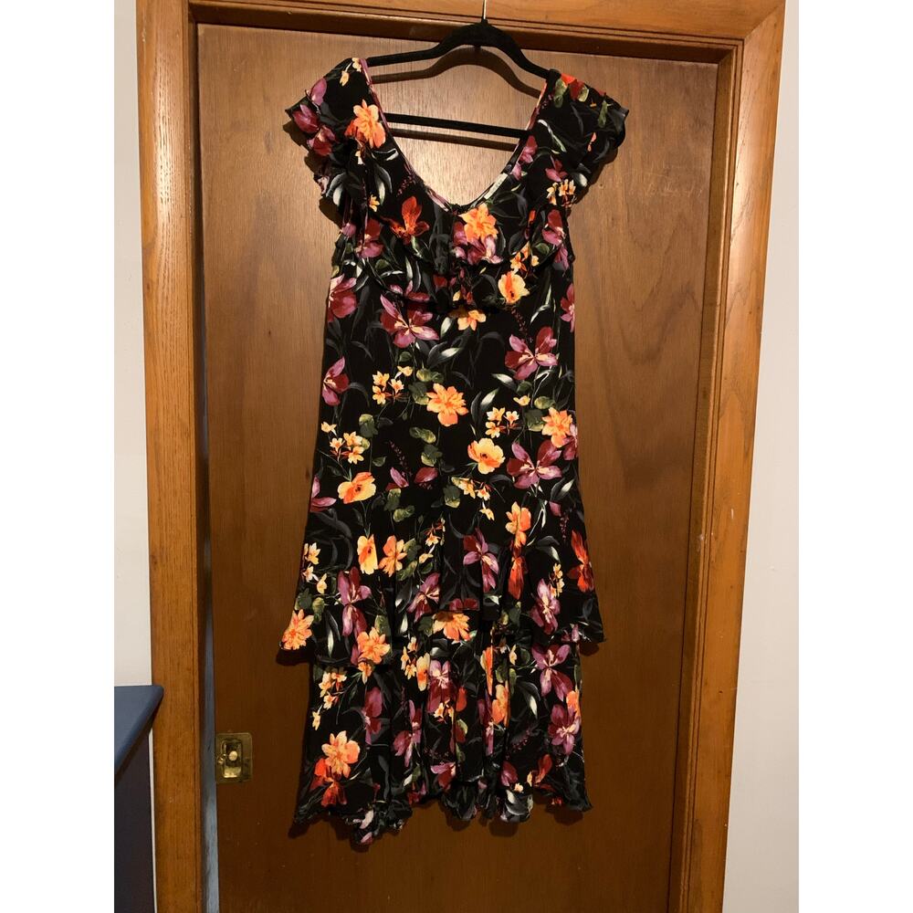 Umgee Floral Ruffle Dress Black Multicolor Flutter Sleeve Size L Boho